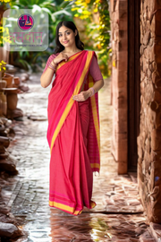 Pure Cotton Handloom Saree with Subtle Stripes - Rani Pink & Yellow