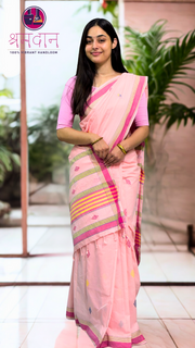 Peach Saree with Butis and Magenta Pink Border