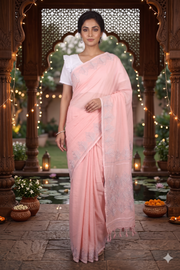 Peach Saree with kantha Floral Embroidery