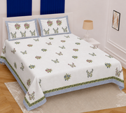 White, Green and Blue Hand Block Printed Double Bedsheet with Pillow Covers