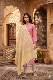 Handwoven Cotton Yellow Jacquard Shawl
