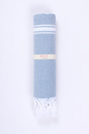 Soft and Luxurious Light Blue Turkish Cotton Peshtemal Towel with White Stripes