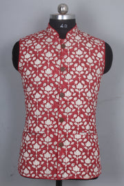 Red And Off White Printed Men's Quilted Jacket