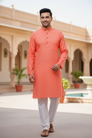 Coral Peach Full Sleeves Long Kurta with Self Striped
