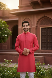 Red Full Sleeves Long Kurta with Self Striped