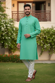 Green Full Sleeves Long Kurta with Self Line
