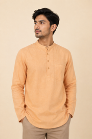 Men's Light Peach Full Sleeves Casual Short Kurta with Pocket