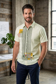 Honey Dew, Dark Grey, Yellow and Red Hand Block Printed Half Shirt