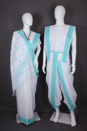 Traditional Handloom Joda Set in Pristine White with Sea green Dobby Border and Booti Work