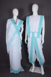 Traditional Handloom Joda Set in Pristine White with Sky Blue Dobby and Booti Work