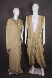 Traditional Handloom Joda Set in Chiku with Buti and Forest Green Dobby Border