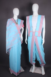 Sea Green Aahar Joda with Butis and Punch Pink Border