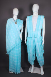 Traditional Handloom Joda Set in Sky Blue with White Striped Border