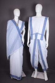 Traditional Handloom Joda Set in White with Blue Dobby Border