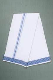 White Dobby Self Line Dhoti Dupatta with Blue Border
