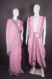 Traditional Handloom Joda Set in Peach with Self Line and Dobby Border