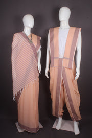 Traditional Handloom Joda Set in Fire Orange with Self Line and Dobby Border