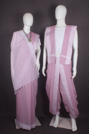 Traditional Handloom Joda Set in Thulian Pink with White Dobby Border