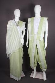 Artichoke Green Aahar Joda Self Line and White Dobby Border