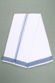 White Dhoti Dupatta with Self Line and Blue Dobby Border