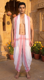 Self Lined White Dobby Dhoti Dupatta with Red Border