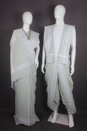 Traditional Handloom Joda Set in Laurel Green with White Dobby Border