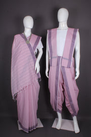 Traditional Handloom Joda Set in Delicate Pink with Lavender Dobby Border