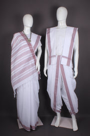 Traditional Handloom Joda Set in White with Brown Dobby Border
