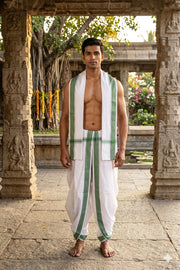 White Dobby Dhoti Dupatta with Green Border