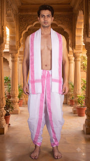 White Dobby Dhoti Dupatta with Magenta Border