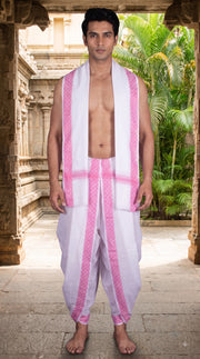 White Dobby Dhoti Dupatta with Magenta Border