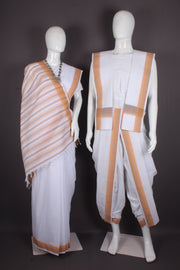 Traditional Handloom Joda Set in White with Fire Orange Dobby Border