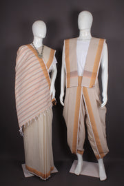 Traditional Handloom Joda Set in Cream with Fire Orange Dobby Border
