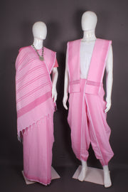 Traditional Handloom Joda Set in Pink Self Line Base with Striped Border