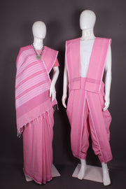 Traditional Handloom Joda Set in Peach Self Line Base with Striped Border
