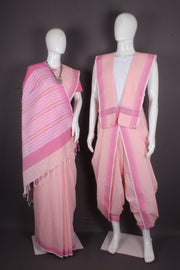Traditional Handloom Joda Set in Baby Pink Self Line Base with Peach Striped Border