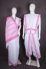 Traditional Handloom Joda Set in White Self Line Base with Pink Striped Border