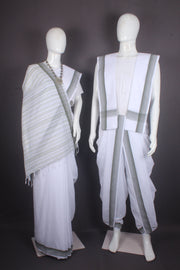 Traditional Handloom Joda Set in White Self Check with Gray Striped Border