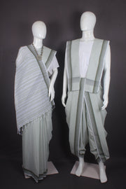 Traditional Handloom Joda Set in White Self Line and Gray Border