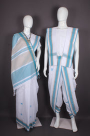 Traditional Handloom Joda Set in White with Sky Blue Border