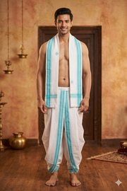 White Dhoti Dupatta with Cyan Border and Butis