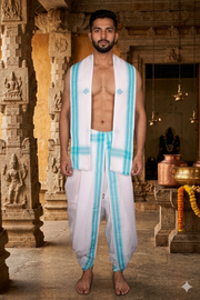White Dhoti Dupatta with Blue Border and Butis