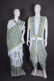 Traditional Handloom Joda Set in Pristine White with Sanganeri Hand Block Print