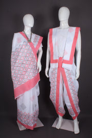 Traditional Handloom Joda Set in Pristine White with Vibrant Sanganeri Hand Block Print