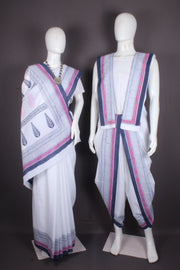 Traditional Handloom Joda Set in White Saganeri Block Print