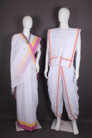 Traditional Handloom Joda Set in White with Rani Pink and Yellow Border