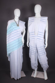 Traditional Handloom Joda Set in White with Blue Striped