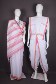 Traditional Handloom Joda Set in White with Rani Pink and White Border