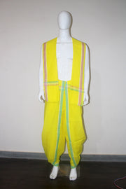 Yellow Dhoti Dupatta with Green, Red and White Border