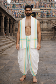 White Dhoti Dupatta with Yellow and Green Border